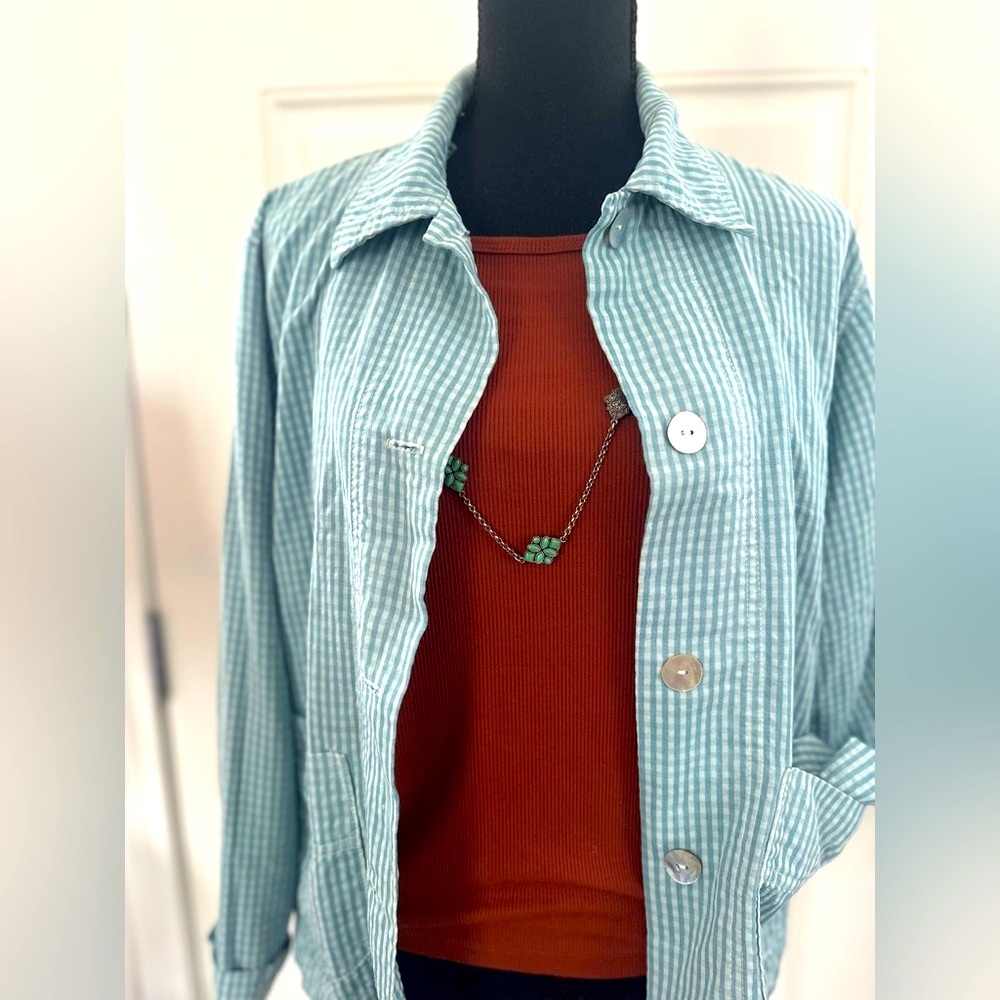 Amanda Gray Seafoam Green and Light Teal Deconstructed Jacket with pockets, M